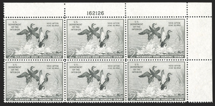 RW18, 1951 $2.00 Gray black, top right margin plate no. 162126 block of six, especially well centered and margined, fresh color, o.g., n.h., extremely fine.