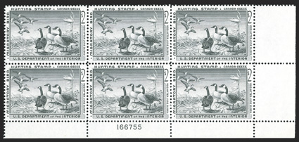 RW25, 1958 $2.00 Black, bottom right margin plate no. 166755 block of six, wonderfully well centered and fresh, o.g., n.h., extremely fine.