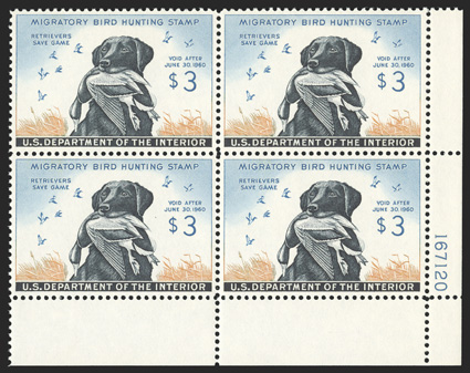 RW26, 1959 $3.00 Blue, ochre and black, bottom right margin plate no. 167120 block of four, well centered and fresh, o.g., n.h., extremely fine.