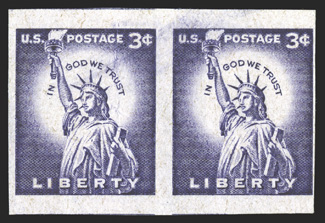 1035c, 3c Deep violet, imperforate, horizontal pair, large margins at top and bottom, bright color, o.g. n.h., light natural gum creases, fine only five to ten pairs reportedly
exist, with three of them tied up in a block of six 1974 PF ce