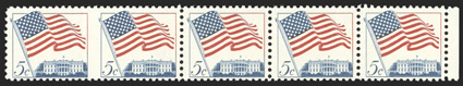 1208b, 5c Flag over White House, horizontal pair, imperforate between, the left pair in a right sheet-margin horizontal strip of five, believed to be one of only three or four
such error pairs in existence, o.g., n.h., very fine one of the