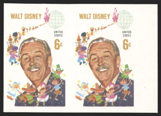 1355c, 6c Walt Disney, imperforate, right sheet-margin horizontal pair, exceedingly fresh, an extremely fine and choice example of this scarce error 1989 PF
certificate.