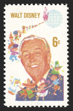 1355d, 6c Walt Disney, black omitted, pristine mint example of this visually stunning color missing rarity, well centered, o.g., n.h., extremely fine only 35 examples have been
recorded 1990 PF certificate.