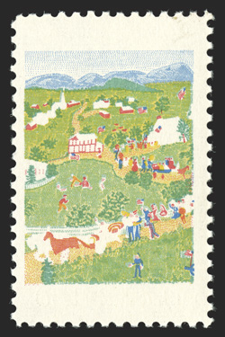 1370b, 6c Grandma Moses, black (6c U.S. Postage) and Prussian blue (Grandma Moses) engraving omitted, nice example of this striking error, o.g. which has just a faint trace of
the usual gum mottling, n.h., very fine clear 1990 PF certificat