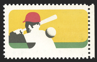 1381a, 6c Baseball, black (engraving) omitted, right sheet-margin single showing traces of a tagging ghost, o.g., n.h., fine 1990 PF certificate.
