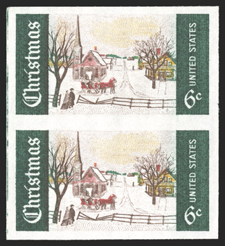 1384b, 6c Christmas, imperforate, vertical pair, large even margins all around, o.g., n.h., extremely fine only 25 pairs reportedly exist 1991 PF
certificate.