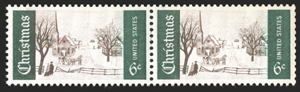 1384h, 6c Christmas, light green and yellow omitted, horizontal pair, the left stamp with the red partially omitted, and the right stamp with just a couple faint specks of red
in the house, o.g., n.h., extremely fine a rare and striking error t