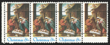 1414c, 6c Christmas precancelled, blue omitted, left sheet-margin horizontal strip of four, showing a progression of loss of the blue color, with the right stamp having it
completely omitted, o.g., n.h., very fine an eye-catching example of thi