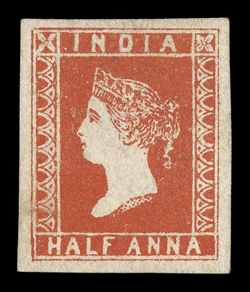 S.G. 1a, 1854 ½a Deep vermilion, without gum as issued, a handsome mint single, with large margins all around, characteristic intense color on fresh paper, extremely
fine.