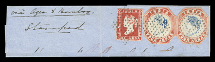 S.G. 17, 1854 4a Indigo and red, 1st printing, head die I, frame die I, two singles cut to shape, the left stamp with an unusual printing flaw in the Chignon, tied along with
1a Deep red, die I (S.G. 11) by separate strikes of mute diamond of d