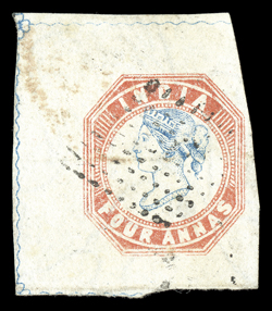S.G. 18, 1854 4a Blue and pale red, 1st printing, head die I, frame die I, striking used single, large to mostly enormous margins, showing the blue wavy dividing lines at top,
left and partially at base, light diamond of dots cancel, some light