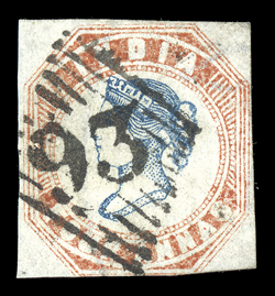 S.G. 18, 1854 4a Blue and pale red, 1st printing, head die I, frame die I, used with 93 in diamond of parallel bars cancel, ample margins to touching at base, fresh and
fine.