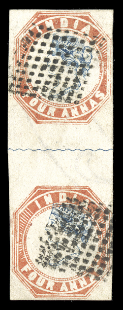 S.G. 18, 1854 4a Blue and pale red, 1st printing, head die I, frame die I, position 5 and 9, vertical pair widely spaced and separated by a blue wavy line, ample to large
margins all around, good colors on fresh paper, diamond of dots cancels, t