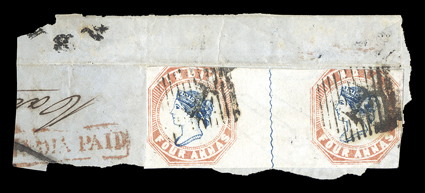 S.G. 18, 1854 4a Blue and pale red, 1st printing, head die I, frame die I, pos. 9-10, horizontal pair widely spaced and separated by a blue wavy line, ample margins to in at
top, tied by 1 in diamond of parallel lines of Bombay cancel to piece