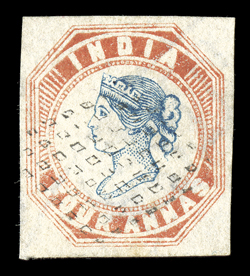 S.G. 19, 1854 4a Blue and red, 2nd printing, head die II, frame die I, used with light diamond of hollow dots cancel attributed to Singapore, large even margins all around,
bright and fresh, small thinned spot, very fine appearance 2006 BPA cer