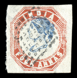 S.G. 23, 1855 4a Blue and red, 4th printing, head die III, frame die II, a select used example, with large to very large margins all around, vivid rich colors on crisp white
paper, diamond of hollow dots cancel attributed to Singapore, extremely