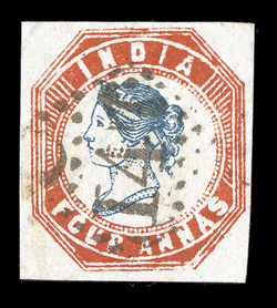 S.G. 23, 1855 4a Blue and red, 4th printing, head die III, frame die II, attractive used single, with large margins all around, vivid rich colors on fresh paper, neat C144
postmark of Karikal, French India, extremely fine and scarce.