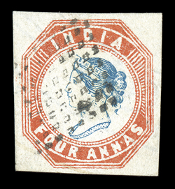 S.G. 23, 1855 4a Blue and red, 4th printing, head die III, frame die II, select used single, with four large margins, strong fresh colors on clean white paper, neat diamond of
hollow dots cancel attributed to Singapore, tiny scissor cut in the l