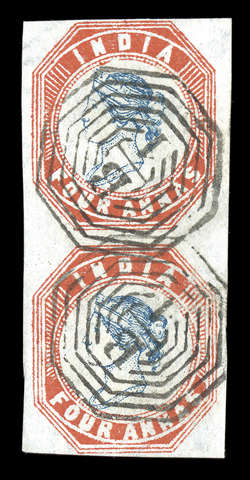 S.G. 23, 1855 4a Blue and red, 4th printing, head die III, frame die II, position 2 and 8, handsome vertical pair showing a reversed watermark, clear to large margins all
around, rich colors and fine impression on fresh paper, neatly cancelled b