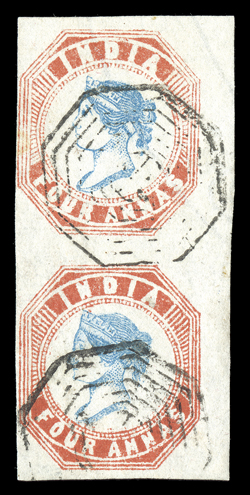 S.G. 25, 1855 4a Blue and rose-red, 5th printing, head die III, frame die II, position 13 and 19, vertical pair showing the 4mm spacing, position 19 with distinct double
transfer of head, huge margins to clear at left, bright colors, used wi
