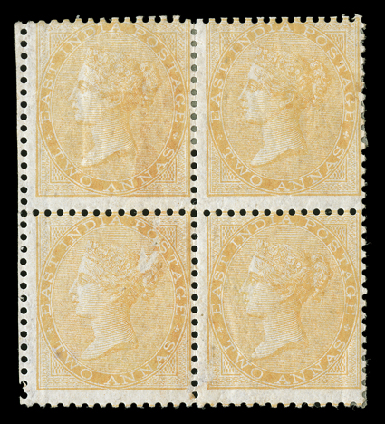 S.G. 43, 1863 2a Yellow, seldom seen mint block of four, strong and intact perforations, o.g., h.r.s, bottom left stamp with a surface scuff, otherwise fine and rare 2006 BPA
certificate.