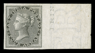S.G. 45b, 1856 4a Black, imperforate, unused (no gum), full right sheet-margin part imprint mint single, with large even margins on the other three sides, rich color and sharp
impression, extremely fine and scarce.