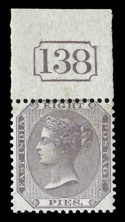 S.G. 51, 1860 8p Purple on bluish, handsome top sheet-margin plate no. 138 mint single, incredibly fresh and well centered, rich color and sharp impression, full clean o.g.,
very lightly hinged, very fine and choice.