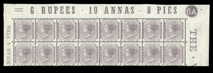 S.G. 52, 1860 8p Purple on white, a remarkable top sheet-margin imprint and control no. 6A block of sixteen (8x2), being the top two rows from the pane, with full side
selvages with partial imprints, wonderfully fresh, strong and intact perfor
