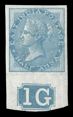 S.G. 54a, 1865 ½a Blue, die I, imperforate, bottom sheet-margin plate no. 1G mint single, with large even margins on the other three sides, strong color on fresh white paper,
full o.g., extremely fine and attractive the imperforate variety is