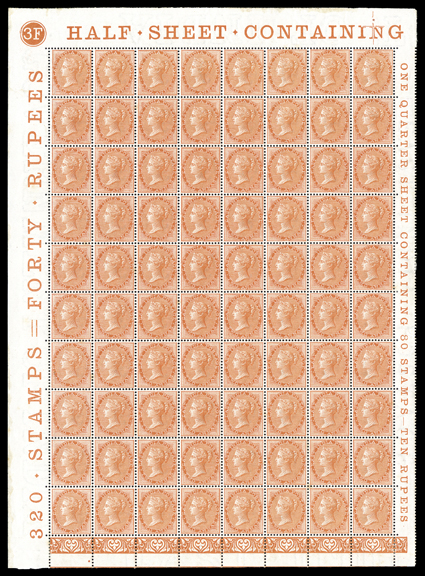 S.G. 63, 2a Brown-orange, an amazing mint plate no. 3F upper left complete pane of 80, with full imprints in the sheet selvages, incredibly well centered throughout, deep rich
color, strong and intact, h.r.s in the selvage only, the stamps al