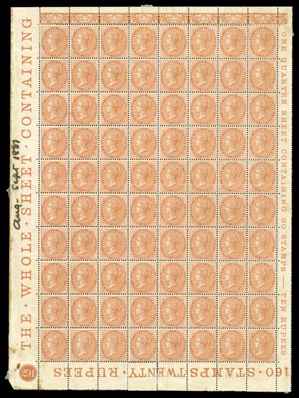 S.G. 63w, 1865 2a Brown-orange, watermark inverted, mint plate no. 291 lower left complete pane of 80, with full imprints in the sheet selvages, well centered and good color,
h.r.s in the selvage and on stamps 1 and 8, toned original gum, n.h