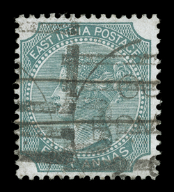 S.G. 71 var., 1866 4a Blue-green, die II, watermark inverted, fresh and well centered, used with ms. stroke and Bombay duplex postmarks, very fine and rare unlisted in Stanley
Gibbons.
