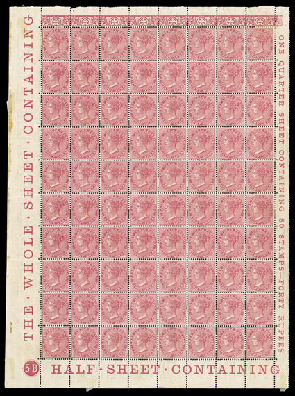 S.G. 73, 1868 8a Rose, die II, well centered mint plate no. 5B lower left complete pane of 80, with full imprints in the sheet selvages, strong and intact, h.r. on stamps 1, 8
and 48 and on the selvage, other stamps toned o.g., n.h., very fine