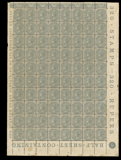 S.G. 79, 1874 1R Slate, mint plate no. 9 lower right complete pane of 80, with full imprints in the sheet selvages, h.r. on stamps 1, 2, 8, 56 and in the selvage, toned o.g.,
n.h., fine and rare high value full sheet cataloged as hinged singl