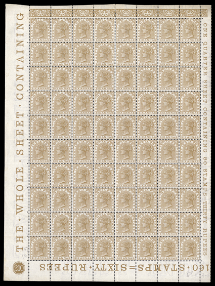 S.G. 80, 1876 6a Pale brown, marvelous mint plate no. 210 lower left complete pane of 80, with full imprints in the sheet selvages, incredibly fresh, nicely centered, h.r. on
stamps 1 and 8, the rest with pristine o.g., n.h., fine-very fine s
