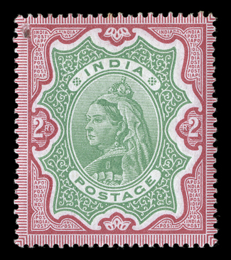 S.G. 107TC, 1895 2R Dull green and bright carmine, Ultramarine and sage green and Orange brown and ultramarine, perforated trial color proofs on unwatermarked paper, these
being the colors later adopted for the KEVII 10R, 15R and 25R values, fir
