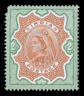 S.G. 107TC, 1895 2R Dull blue green and red brown, Mauve and venetian red, Ultramarine and chestnut and Salmon pink and slate violet, perforated trial color proofs on
unwatermarked paper, without gum as nearly always and without the usual crease