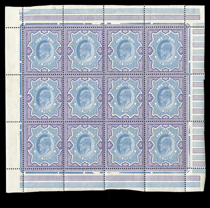 S.G. 142, 1904 5R Ultramarine and violet, particularly fresh mint pane of twelve, rich colors, strong and intact, pristine o.g., n.h., fine-very fine and eye-catching
cataloged as hinged singles.