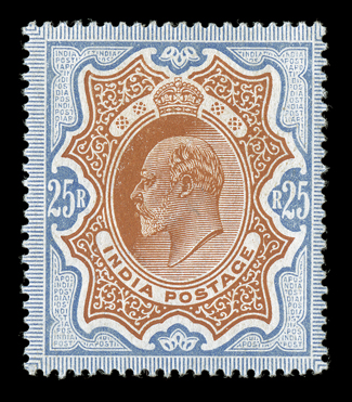 S.G. 147, 1909 25R Brownish orange and blue, rich colors on fresh white paper, well centered, o.g., h.r., light diagonal natural paper wrinkle, otherwise very fine signed
Sismondo and accompanied by his 2002 certificate.