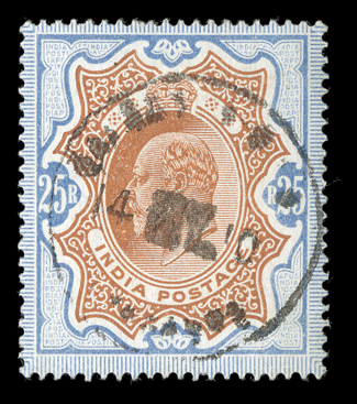 S.G. 147, 1909 25R Brownish orange and blue, select used example, postally used with sock-on-the-nose 14 May 1910 datestamp, well centered, good colors on fresh paper, choice
very fine.