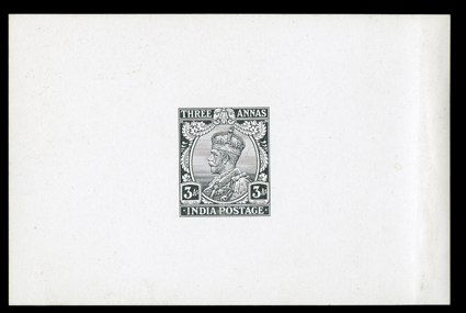 S.G. 172P, 1911 3a Black large die proof on glazed card, 92x60mm, 17124 Die proof of 11911 appd 159 by Govt of India pencil notation on reverse, mounting adhesions in the
corners on reverse, otherwise fresh and very fine.