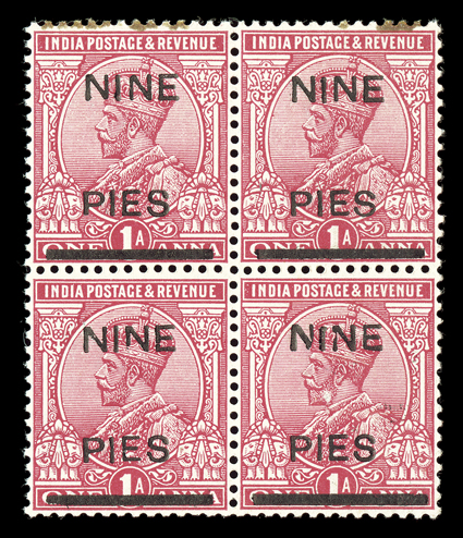 S.G. 192E, 1921 NinePies essay surcharges on 1a Rose-carmine, singles of the five different essay surcharges, plus a pair of one and a block of four of another, o.g., l.h. or
n.h., one stamp in pair and two in block with stained perfs., other