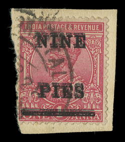S.G. 192c, 1921 NINEPIES surcharge on 1a Rose carmine, double surcharge, tied to small piece by neat town cancel, very fine signed Jal Cooper.