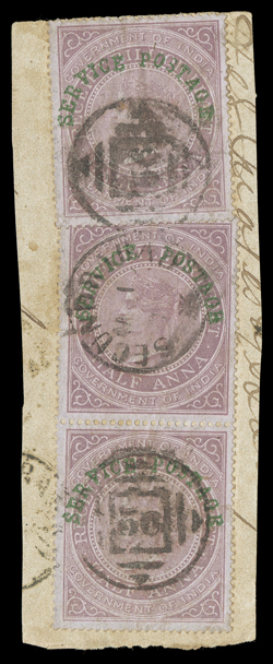 S.G. O19, 1866 Service Postage overprint in green on ½a mauve Fiscal stamp, vertical pair and single tied to each other and to piece, well centered, very fine.