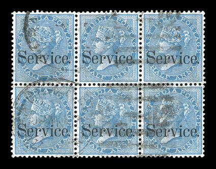 S.G. O22, 1873 Service. overprint on ½a Blue, die II, an exceedingly scarce used block of six (3x2), incredibly well centered, bright and fresh, strong and intact
perforations, relatively lightly cancelled, top center stamp with a tear at top,