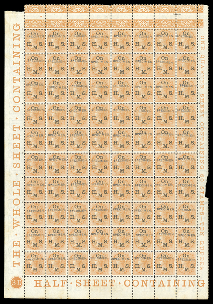 S.G. O33as, 1874 2a Orange overprinted On H.M.S. and overprinted Specimen, fantastic mint plate no. 3D lower left complete pane of 80, with full imprints in the sheet
selvages, wonderfully fresh and intact, pristine o.g., n.h., light verti