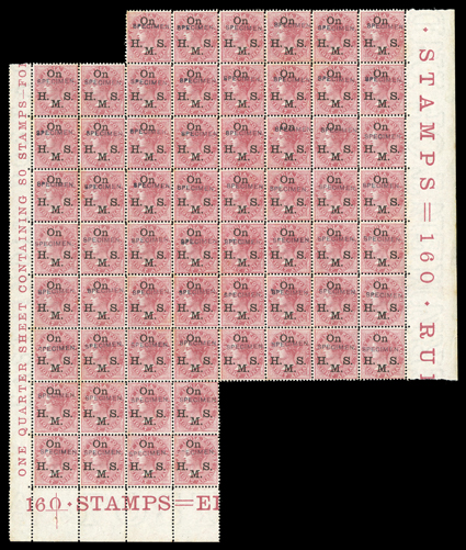S.G. O35s, 1874 8a Rose, die II, overprinted On H.M.S. and overprinted Specimen, irregular part pane of 62, well centered, o.g., n.h., some light gum toning, otherwise very
fine the largest multiple extant as only a single pane was overpr