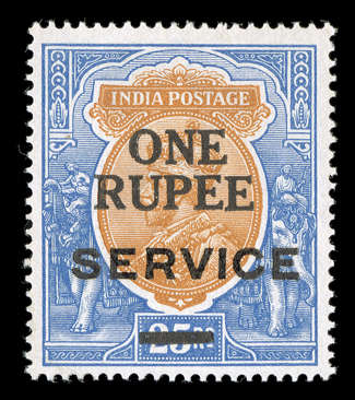 S.G. O72E, O94E and O96E, 1909 25R Edward VII and 1913 10R and 25R George V Official surcharge essays, group of seven comprised of 1R on Edward VII 25R with On H.M.S.
overprint, One Rupee surcharges in black, blue (2) and red on George V 1