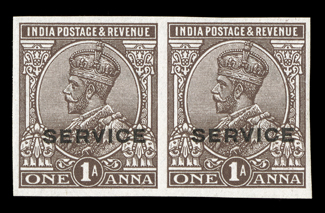 S.G. O98P, 1922 Service overprint on 1a chocolate, plate proof on stamp paper, horizontal pair, ample to large margins, pristine o.g., n.h., very fine 2006 BPA
certificate.