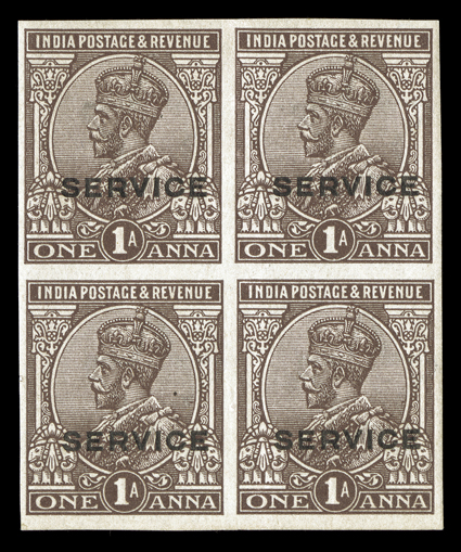 S.G. O98P, 1922 Service overprint on 1a chocolate, plate proof on stamp paper, block of four, large margins all around, o.g., n.h., very fine.